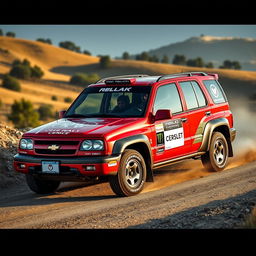 A 2003 Chevy Tracker reimagined as a rally car, featuring a striking red exterior inspired by World Rally Championship (WRC) aesthetics