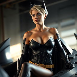 A photorealistic, high-quality image of an attractive and sporty woman with short blonde hair, embodying Batwoman