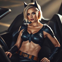 A photorealistic, high-quality image of an attractive and sporty woman with short blonde hair, embodying Batwoman