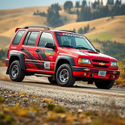 A 2003 Chevy Tracker reimagined as a rally car, featuring a striking red exterior inspired by World Rally Championship (WRC) aesthetics