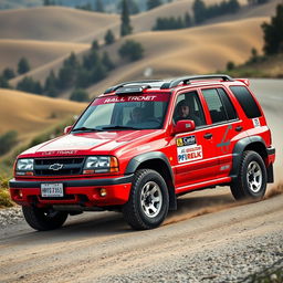 A 2003 Chevy Tracker reimagined as a rally car, featuring a striking red exterior inspired by World Rally Championship (WRC) aesthetics