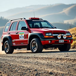 A 2003 Chevy Tracker reimagined as a rally car, featuring a striking red exterior inspired by World Rally Championship (WRC) aesthetics