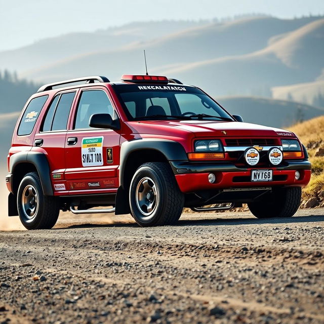 A 2003 Chevy Tracker reimagined as a rally car, featuring a striking red exterior inspired by World Rally Championship (WRC) aesthetics