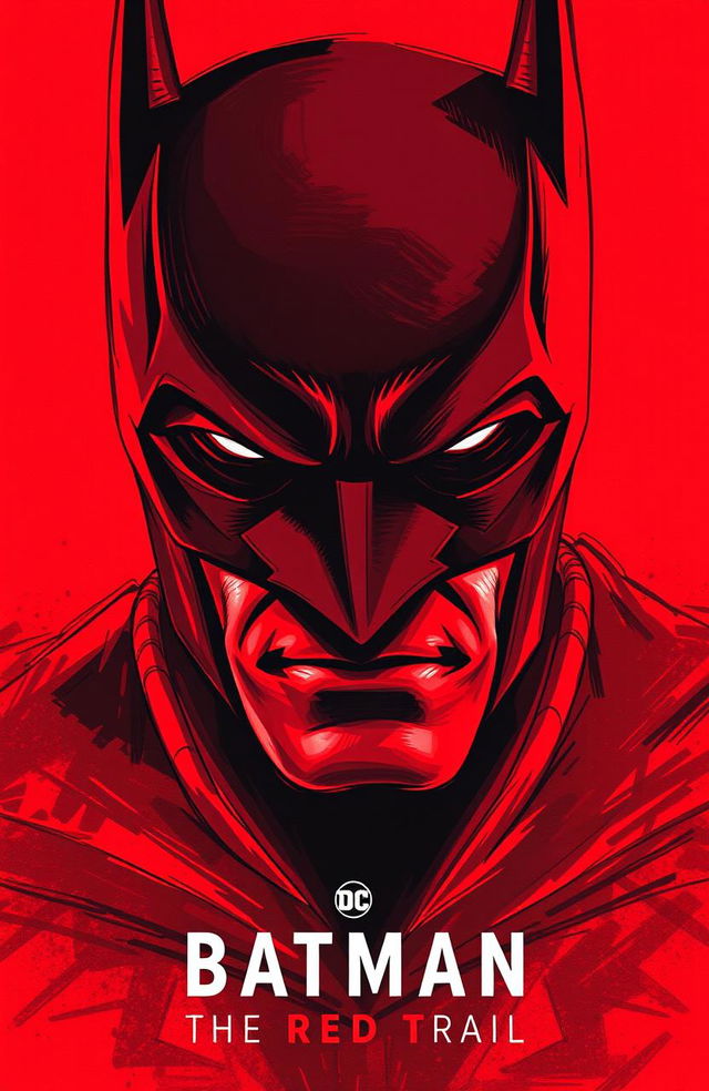 A striking red poster showcasing a close-up of Batman's face, created in a hand-drawn painting style