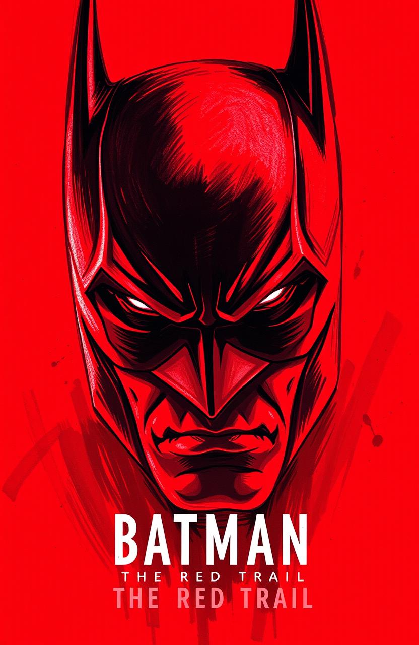 A striking red poster showcasing a close-up of Batman's face, created in a hand-drawn painting style