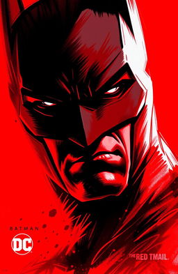 A striking red poster showcasing a close-up of Batman's face, created in a hand-drawn painting style