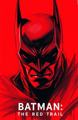A striking red poster showcasing a close-up of Batman's face, created in a hand-drawn painting style