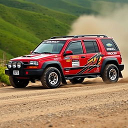 A 2002 Chevy Tracker transformed into a rally car, featuring a vivid red exterior inspired by World Rally Championship (WRC) design