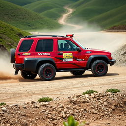 A 2002 Chevy Tracker transformed into a rally car, featuring a vivid red exterior inspired by World Rally Championship (WRC) design