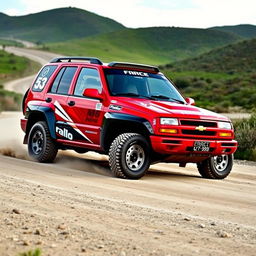 A 2002 Chevy Tracker transformed into a rally car, featuring a vivid red exterior inspired by World Rally Championship (WRC) design