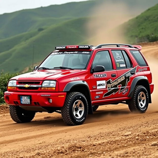 A 2002 Chevy Tracker transformed into a rally car, featuring a vivid red exterior inspired by World Rally Championship (WRC) design