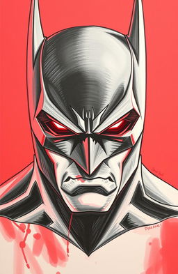 A hand-drawn artistic interpretation of Batman's face, with striking red highlights illuminating his features
