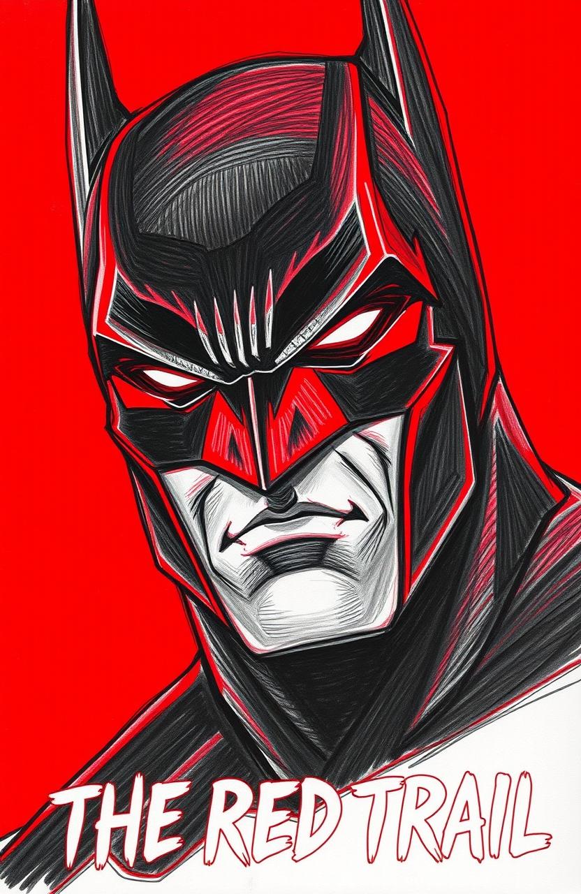 A hand-drawn artistic interpretation of Batman's face, with striking red highlights illuminating his features