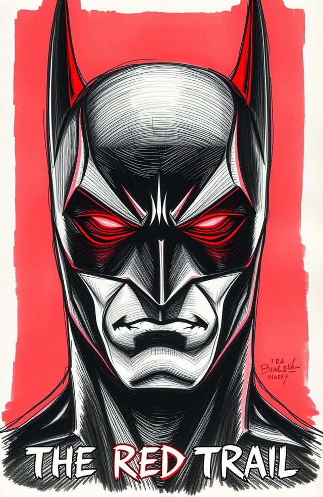 A hand-drawn artistic interpretation of Batman's face, with striking red highlights illuminating his features