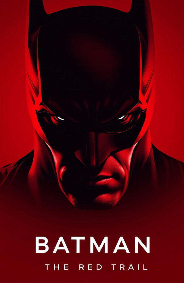 A striking red poster featuring Batman's iconic face, showcasing a dramatic expression that conveys strength and determination