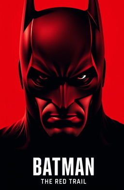 A striking red poster featuring Batman's iconic face, showcasing a dramatic expression that conveys strength and determination