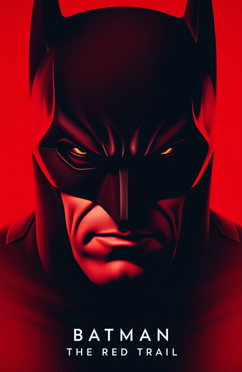 A striking red poster featuring Batman's iconic face, showcasing a dramatic expression that conveys strength and determination