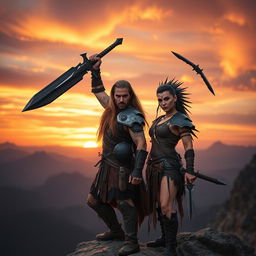 A badass warrior couple standing confidently on a rocky cliff, with fierce expressions
