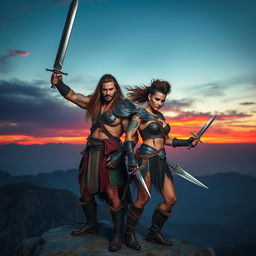 A badass warrior couple standing confidently on a rocky cliff, with fierce expressions