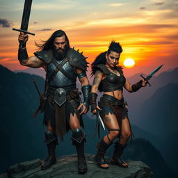 A badass warrior couple standing confidently on a rocky cliff, with fierce expressions