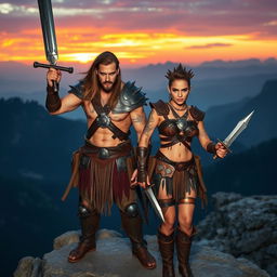 A badass warrior couple standing confidently on a rocky cliff, with fierce expressions