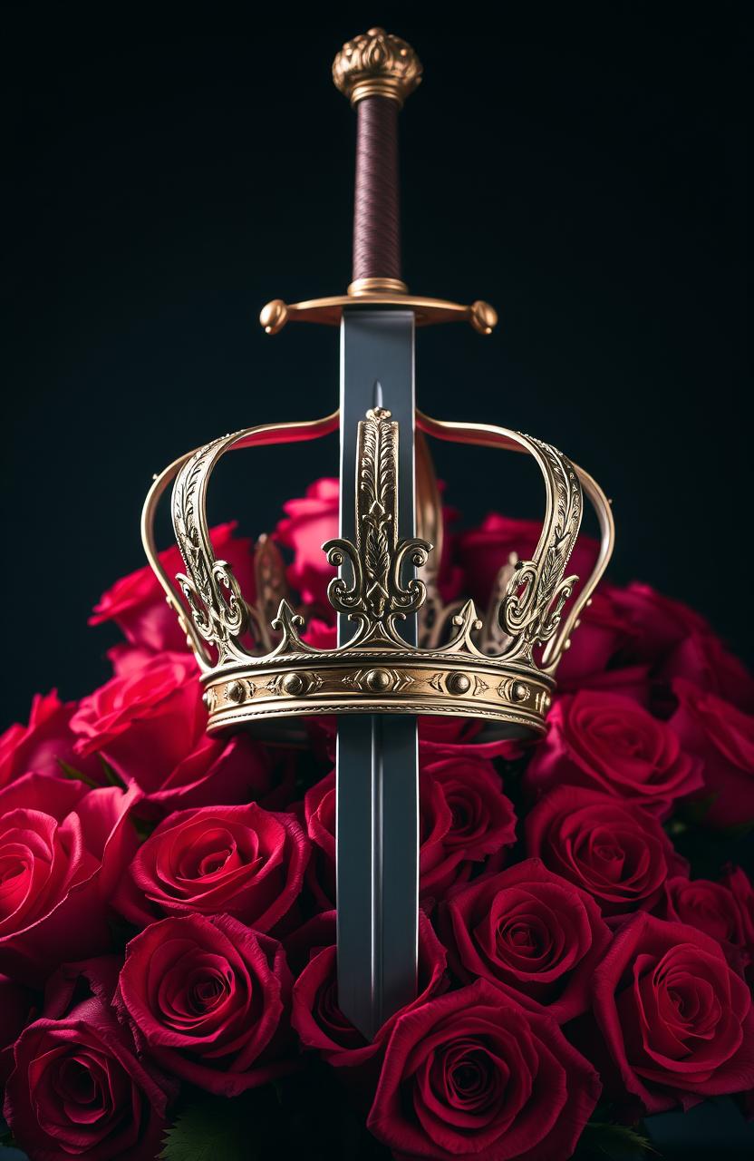 A majestic crown prominently displayed at the center, with a gleaming sword piercing through it, creating a striking focal point