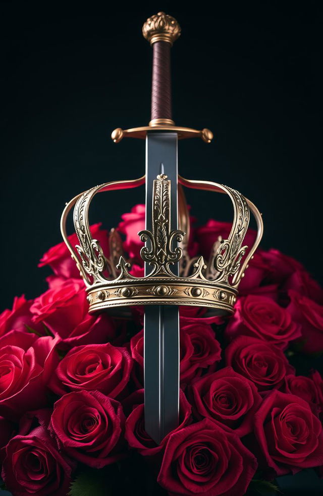 A majestic crown prominently displayed at the center, with a gleaming sword piercing through it, creating a striking focal point