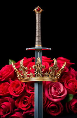 A majestic crown prominently displayed at the center, with a gleaming sword piercing through it, creating a striking focal point