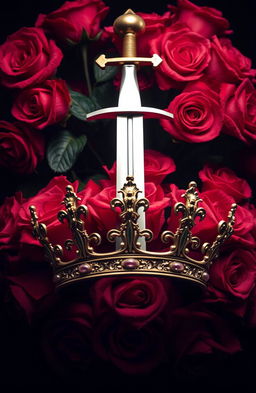 A majestic crown prominently displayed at the center, with a gleaming sword piercing through it, creating a striking focal point