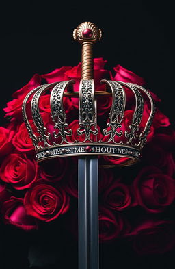 A majestic crown prominently displayed at the center, with a gleaming sword piercing through it, creating a striking focal point