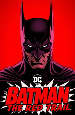 A striking comic book style red poster featuring Batman's face prominently in the center
