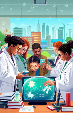 An engaging representation of the relationship between science and society, illustrating the interconnectedness of modern technology and everyday life