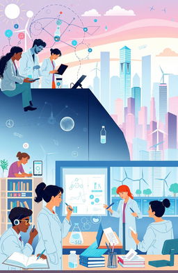 An engaging representation of the relationship between science and society, illustrating the interconnectedness of modern technology and everyday life
