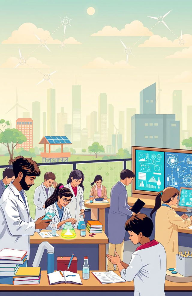 An engaging representation of the relationship between science and society, illustrating the interconnectedness of modern technology and everyday life