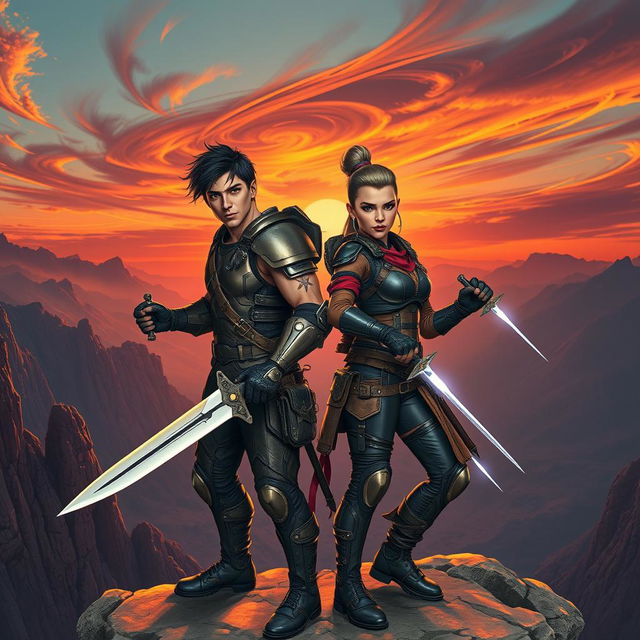 A badass young adult warrior couple standing on a rocky cliff, exuding confidence and strength