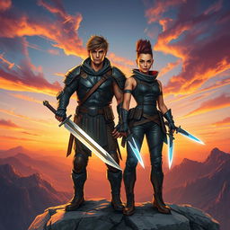 A badass young adult warrior couple standing on a rocky cliff, exuding confidence and strength