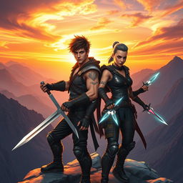 A badass young adult warrior couple standing on a rocky cliff, exuding confidence and strength