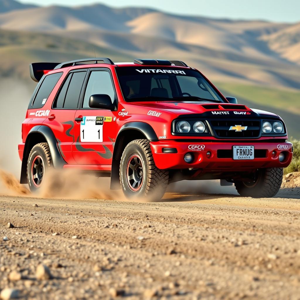 A 2002 Chevy Grand Vitara reimagined as a rally car, featuring a bold red exterior inspired by World Rally Championship (WRC) design