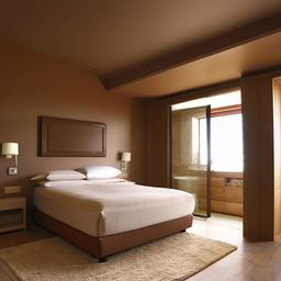 A spacious room featuring a king-size bed with a chocolate-brown headboard and cream bedding. The room is adorned with light brown painted walls and has sliding windows in front. Space is available on either side of the bed, leading to cupboards.