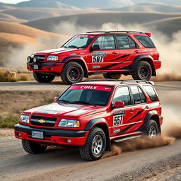 A 2002 Chevy Grand Vitara reimagined as a rally car, featuring a bold red exterior inspired by World Rally Championship (WRC) design