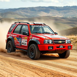 A 2002 Chevy Grand Vitara reimagined as a rally car, featuring a bold red exterior inspired by World Rally Championship (WRC) design