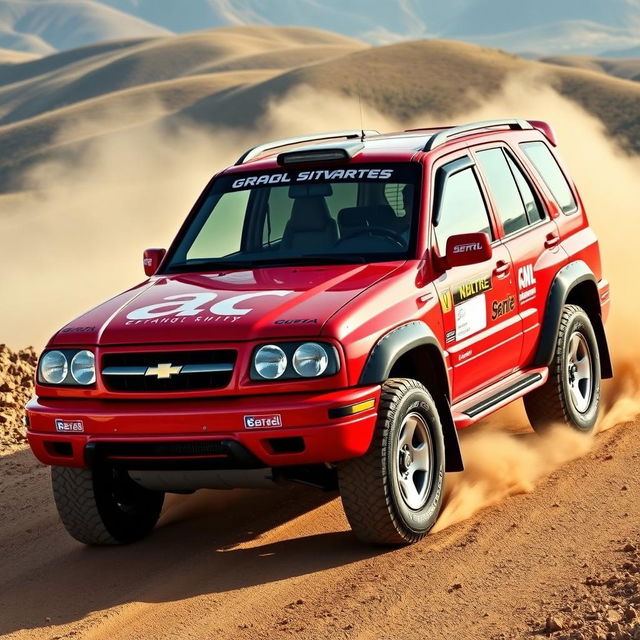 A 2002 Chevy Grand Vitara reimagined as a rally car, featuring a bold red exterior inspired by World Rally Championship (WRC) design