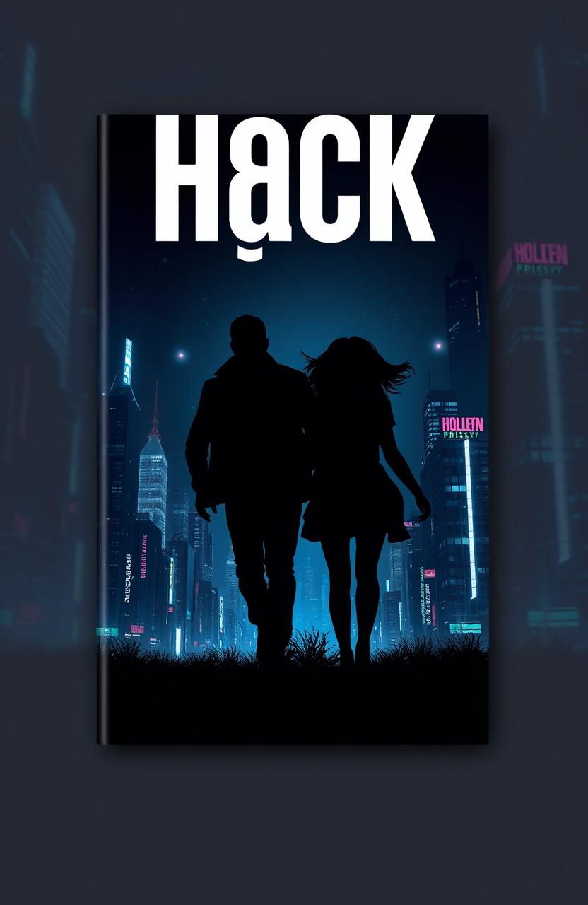 A modern and mysterious book cover design for 'H@ck', featuring a dark background of a night city filled with glowing buildings and neon lights, creating a futuristic atmosphere