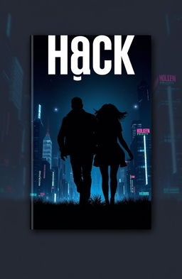 A modern and mysterious book cover design for 'H@ck', featuring a dark background of a night city filled with glowing buildings and neon lights, creating a futuristic atmosphere