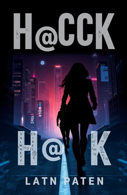 A modern and mysterious book cover design for 'H@ck', featuring a dark background of a night city filled with glowing buildings and neon lights, creating a futuristic atmosphere