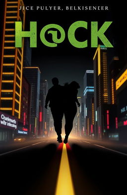 A modern and mysterious book cover design for 'H@ck', featuring a dark background of a night city filled with glowing buildings and neon lights, creating a futuristic atmosphere