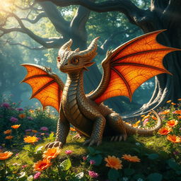 A majestic bronze dragon wyrmling basking in the sunlight, its scales shimmering with hues of brown and gold