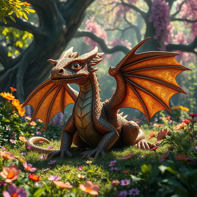 A majestic bronze dragon wyrmling basking in the sunlight, its scales shimmering with hues of brown and gold