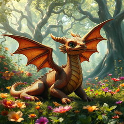 A majestic bronze dragon wyrmling basking in the sunlight, its scales shimmering with hues of brown and gold