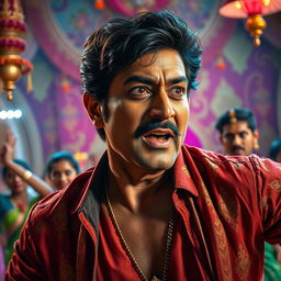 A highly realistic Bollywood deepfake scene featuring an iconic actor, showcasing dramatic facial expressions and dynamic movements